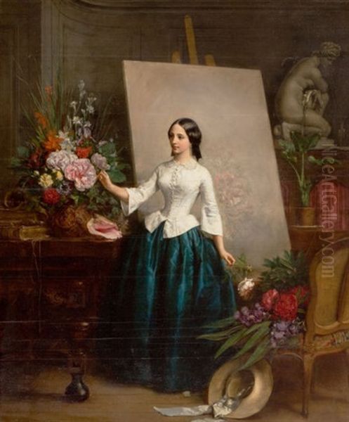 Woman Flower Painter At The Easel (almost Certainly A Portrait Of His Sister Suzanne-estelle Beranger-apoil) Oil Painting by Jean Baptiste Antoine Emile Beranger