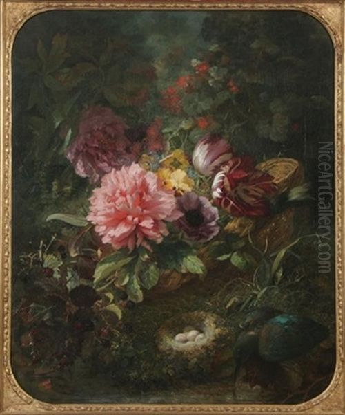Still Life With Flowers, Bird Eggs, And Blackberries Oil Painting by Suzanne-Estelle Beranger-Apoil