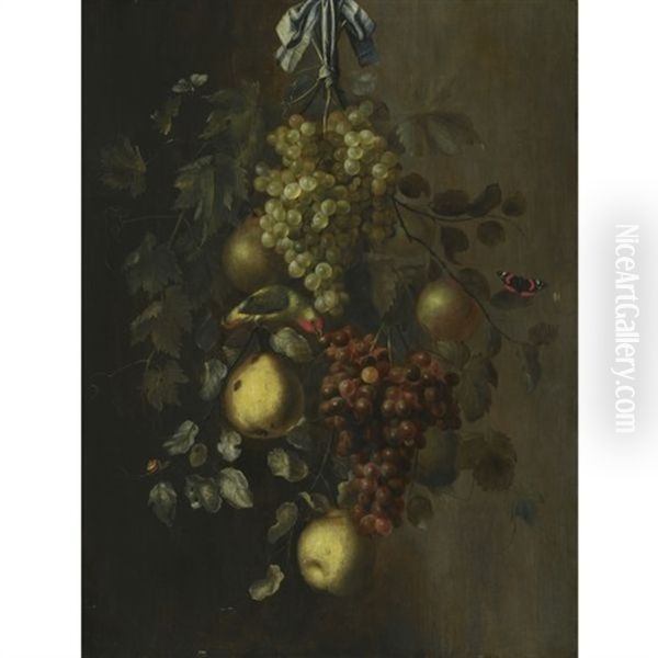 A Festoon Of Grapes, Apples And Pears Hanging From A Nail, With Snails, Butterflies And A Parrot Oil Painting by Gillis Gillisz. de Berch