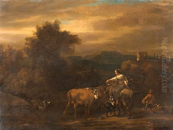 Hirtin Mit Kuhen Und Schafen Oil Painting by Nicolaes Berchem