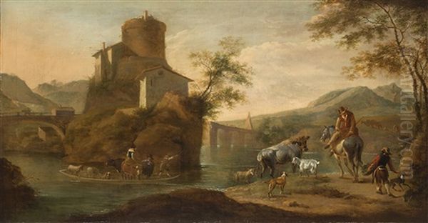 River Landscape With Shepherds And Herds Oil Painting by Nicolaes Berchem