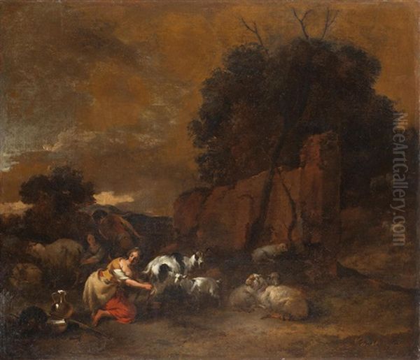 Peasants Milking Goats At Dusk Oil Painting by Nicolaes Berchem
