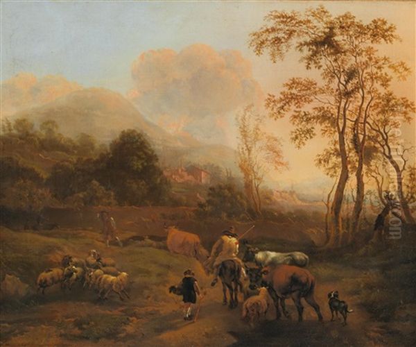 A Southern Landscape With Shepherds And Their Flock Oil Painting by Nicolaes Berchem