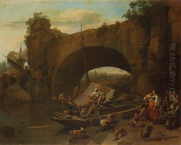 Figures Under A Bridge In An Italianate River Landscape Oil Painting by Nicolaes Berchem