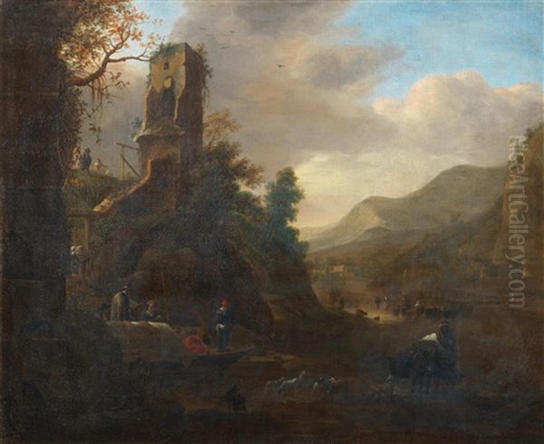 A River Landscape With Drovers And Their Herd Oil Painting by Nicolaes Berchem