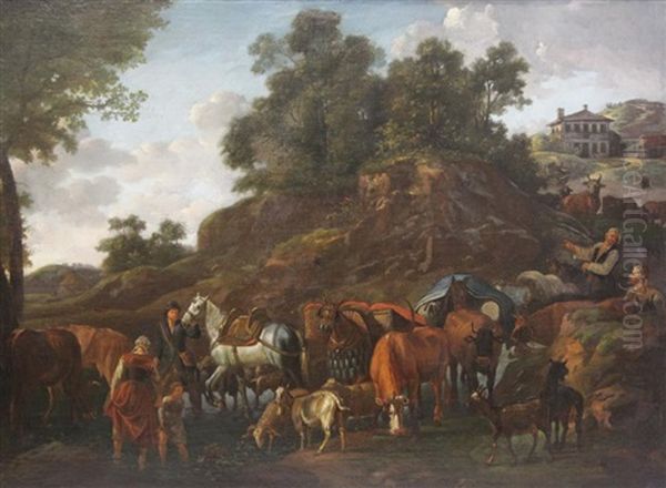 Drovers With Horses, Cattle And Goats In A Landscape Oil Painting by Nicolaes Berchem