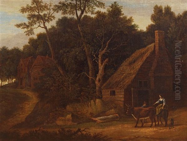 A Wooded Landscape With A Manor House And Farm. Figures And Animals In The Foreground. Oil Painting by Nicolaes Berchem