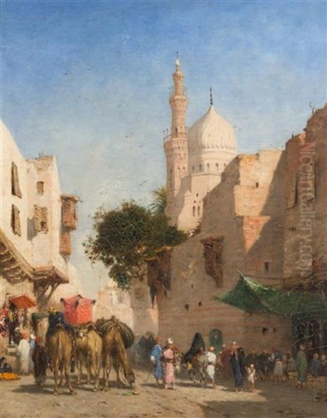 Merchants And Camels In A Marketplace Oil Painting by Narcisse Berchere