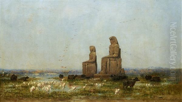 Colossi Of Memnon, Thebes Oil Painting by Narcisse Berchere