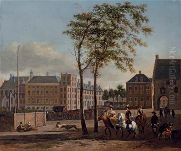 The Plaats With The Buitenhof And The Gevangenpoort, The Hague, With An Elegant Hawking Party Oil Painting by Gerrit Adriaensz Berckheyde