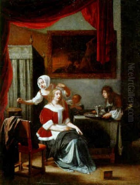 A Maid Dressing A Lady Oil Painting by Job Adriaensz Berckheyde