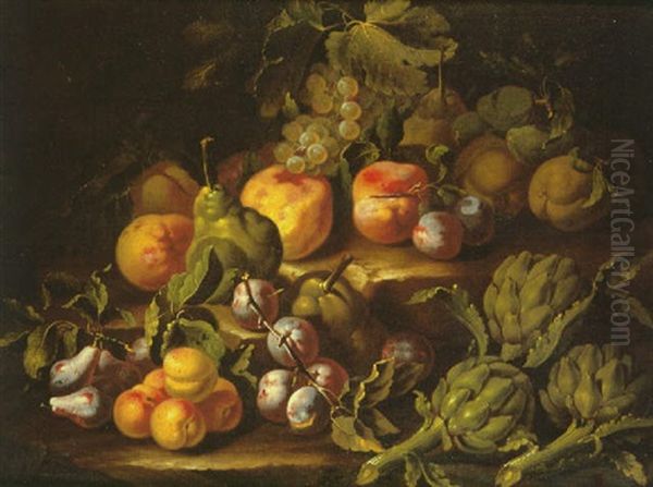 A Still Life Of Artichokes, Pears, Plums, Grapes, Peaches And Apricots On Stone Steps Oil Painting by Christian Berentz