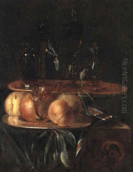 Still Life With Wine Glasses And Flagons And Fruit On A Table Oil Painting by Christian Berentz