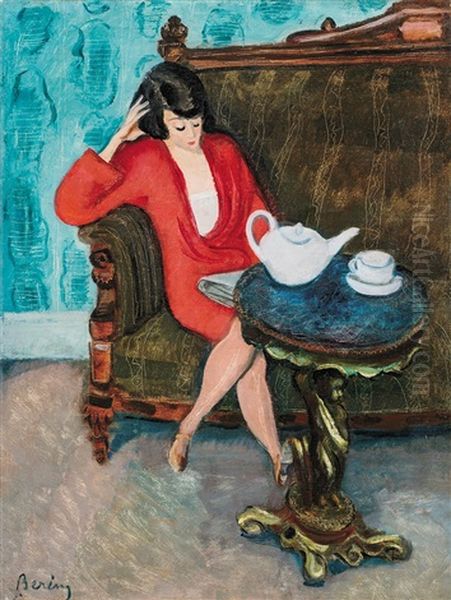 Lady Wearing A Red Dress In A Green Room (breakfast) Oil Painting by Robert Bereny