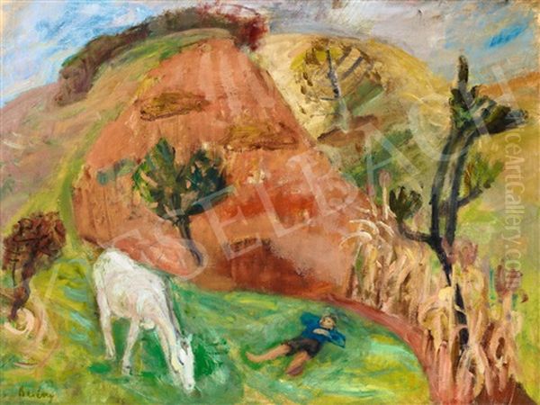 Boy Resting And A White Horse Oil Painting by Robert Bereny