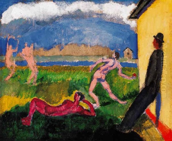 Labdazok (ball Players) Oil Painting by Robert Bereny