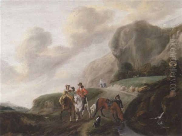 A Hawking Party Beside A Stream On A Mountain Path Oil Painting by Claes Van Beresteyn