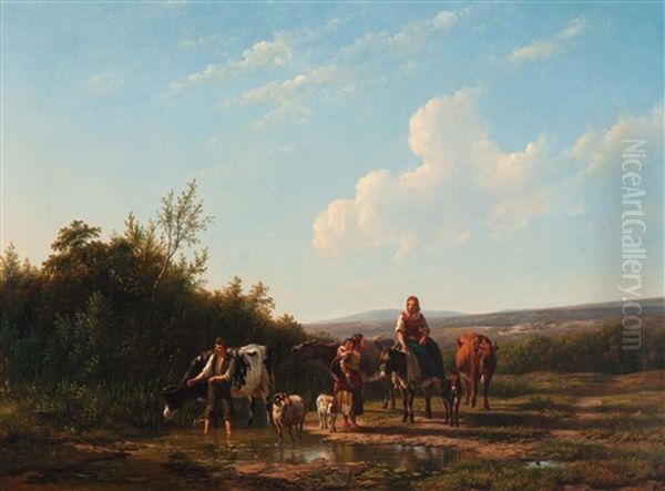 Een Kudde Vee Begeleid Door Een Herder En Eene Herderin Op Een Muilezel Gezeten, Op Den Voorgrond Van Een Fraai Zonnig Zomerlandschap Oil Painting by Simon Van Den Berg
