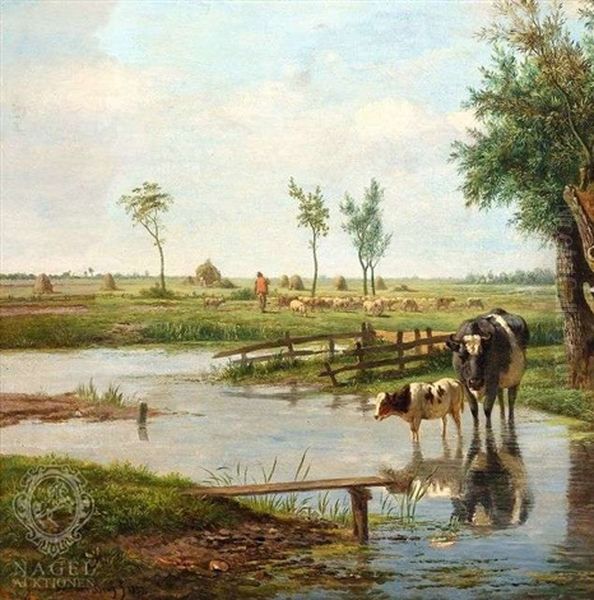 Weite Sommerlandschaft Mit Schafherde Oil Painting by Simon Van Den Berg