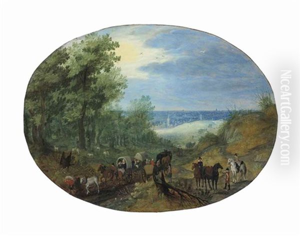 Travelers With Wagons On A Country Road, A City Beyond Oil Painting by Christoffel van den Berge