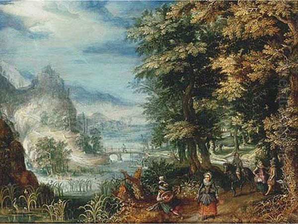 A Wooded River Landscape With Elegant Figures On A Path Oil Painting by Christoffel van den Berge