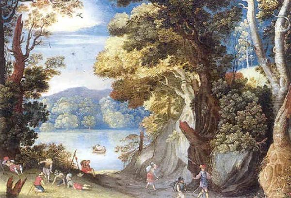 Paysage Fluvial Avec Hallebardier Sur Un Chemin Creux Et Soldats Se Reposant Et Jouant Aux Des Oil Painting by Christoffel van den Berge