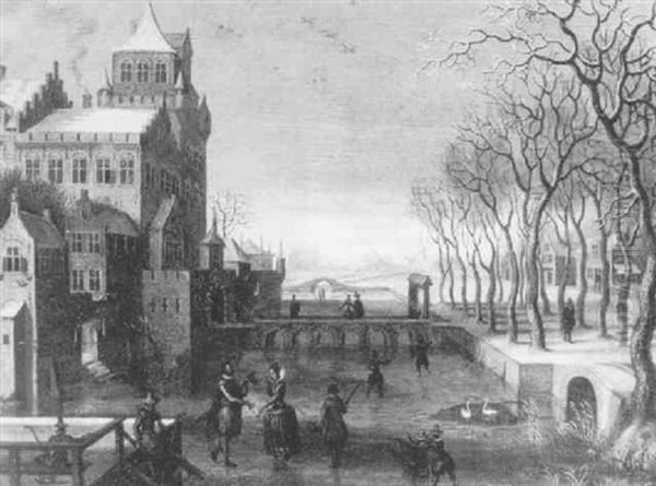 A Winter Landscape With Figures Skating By A Moated Castle Oil Painting by Christoffel van den Berge