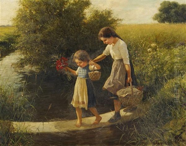 Zwei Madchen Auf Dem Steg Uber Einen Bachlauf Oil Painting by Carl Von Bergen