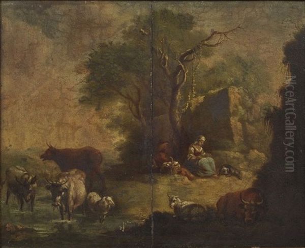 Landschaft Mit Herde Und Hirtenpaar Oil Painting by Dirk van Bergen