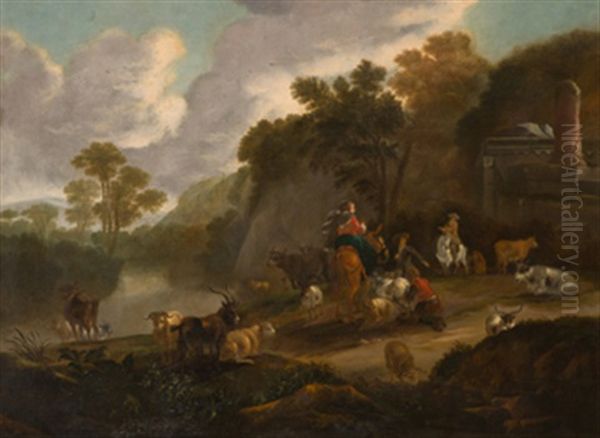 Paisaje Italiano Con Pastores Oil Painting by Dirk van Bergen