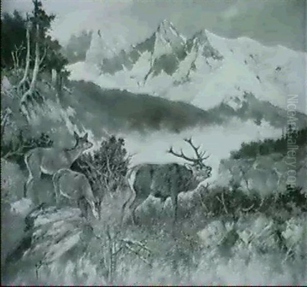 Rohrender Hirsch Mit Rudel Im Gebirgstal Oil Painting by G. Berger