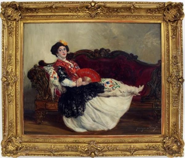 Jeune Espagnole Allongee A L'eventail Oil Painting by Georges Berges