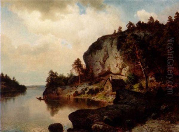 Insjolandskap Med Figurer I Roddbat Oil Painting by Edward (Johan-Edvard) Bergh