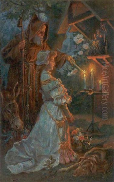 Kutteklaedt Herre Taender Lys Ved Vejalter For Ung Knaelende Kvinde Oil Painting by Richard Bergh