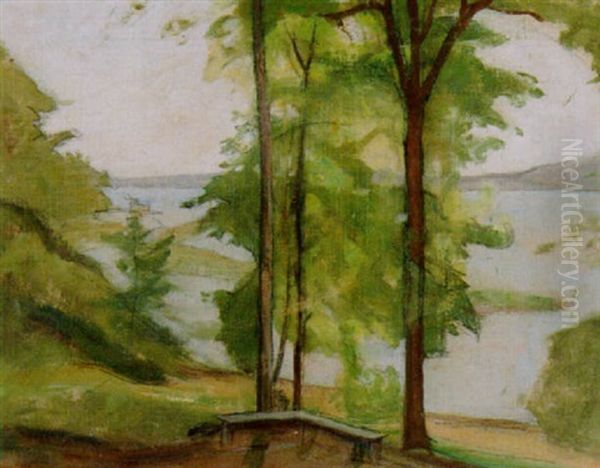 Varlandskap Med Trad Vid Vatten Oil Painting by Richard Bergh