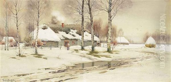 Snow Covered Cottages Oil Painting by Richard Alexandrovich Bergholz