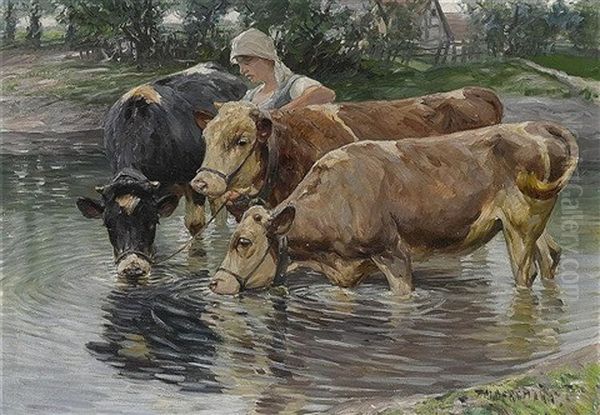 Kuhe Mit Hirtin In Der Furt Oil Painting by Max Bergmann
