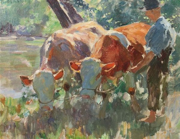 Bauer Mit Zwei Kuhen Auf Einer Uferwiese Oil Painting by Max Bergmann