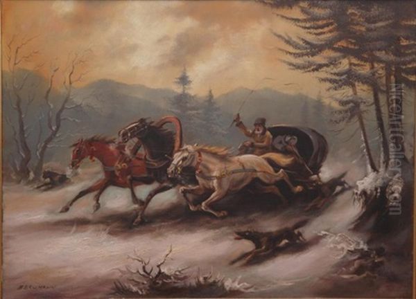 Troika Sled And Hunter Oil Painting by Max Bergmann