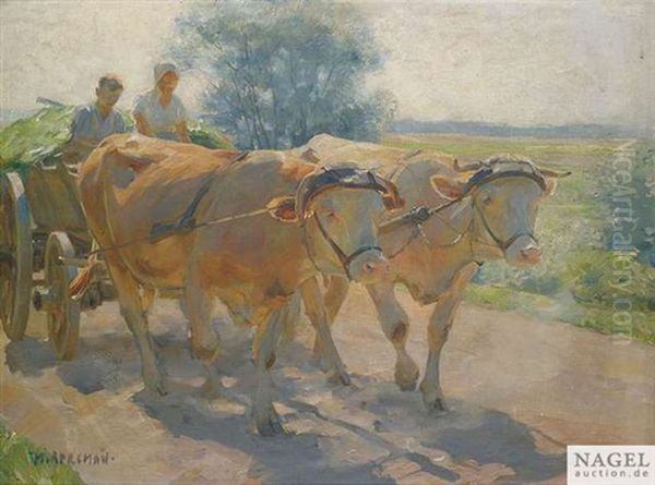 Ochsengespann Am Heuwagen Oil Painting by Max Bergmann