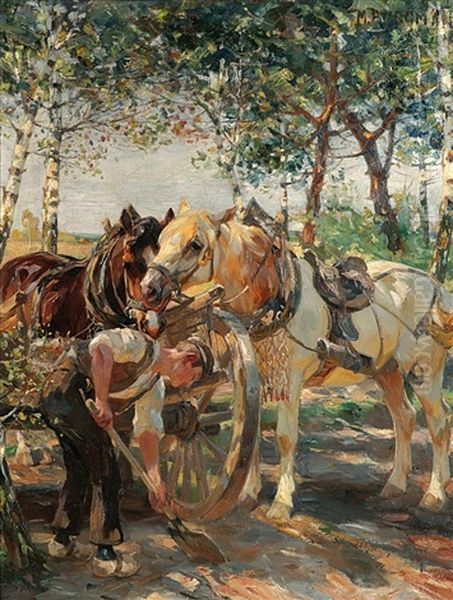 Bauer Mit Zwei Pferden In Spatsommerlicher Landschaft Oil Painting by Max Bergmann