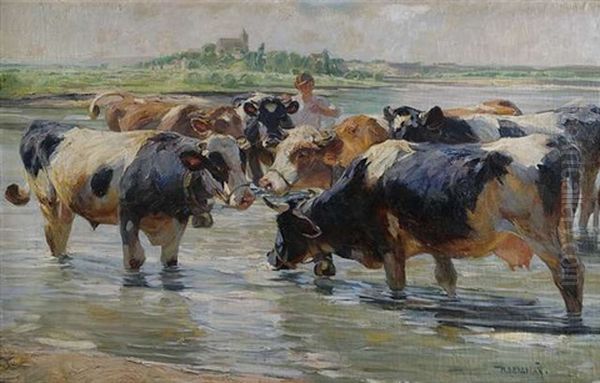 Kuhe In Der Schwemme Bei Worth/karlsruhe Oil Painting by Max Bergmann