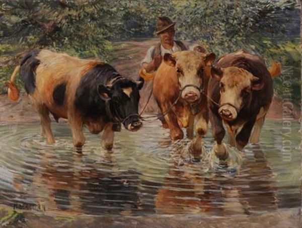 Bauer Seine Kuhe Durchs Wasser Treibend Oil Painting by Max Bergmann