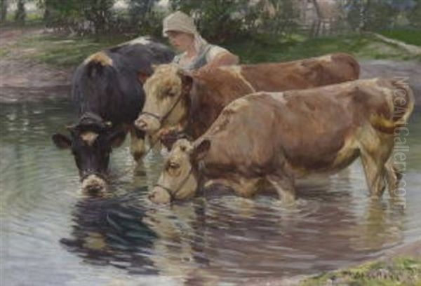 Magd Mit Kuhen An Der Tranke Oil Painting by Max Bergmann