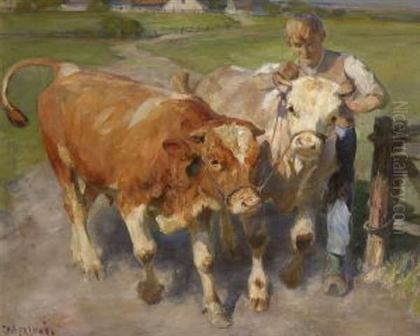 Huterjunge Mit Zwei Rindern Oil Painting by Max Bergmann