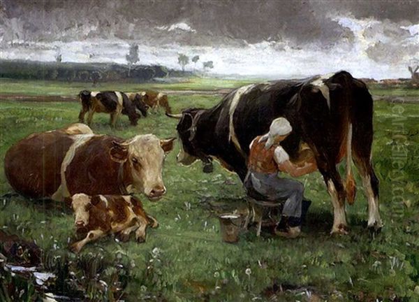 Bauerin Mit Ihren Kuhen Oil Painting by Max Bergmann