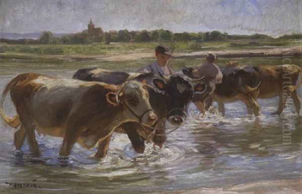 Kuhe In Der Furt Oil Painting by Max Bergmann