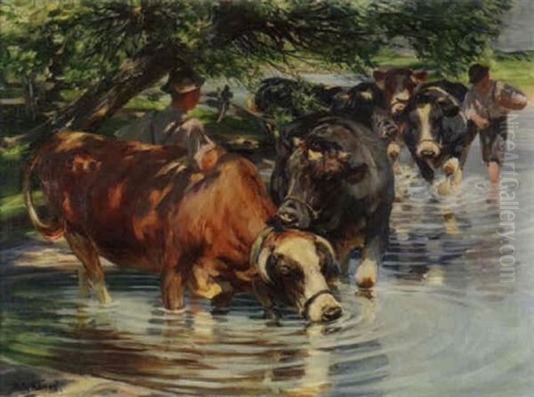 Kuhe In Einer Furt Oil Painting by Max Bergmann