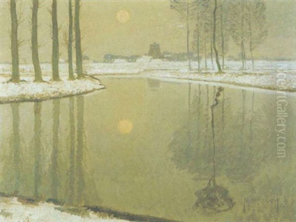 Niederrheinische Fluslandschaft Am Winterabend Oil Painting by Max Bergmann