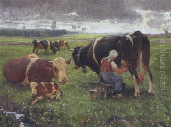 Bauerin Beim Melken Oil Painting by Max Bergmann